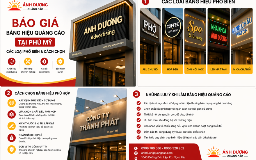 Báo Giá Bảng Hiệu Quảng Cáo Tại Phú Mỹ: Các Loại Phổ Biến Và Cách Chọn